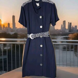 Vintage Petite Sophisticate Women's Career Dress Size Medium Navy Blue Belted